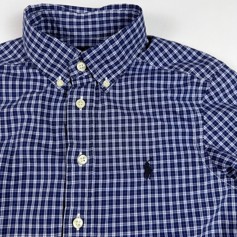 Ralph Lauren Boys Navy Blue White Check Button Down Shirt Size S 8 Long Sleeve